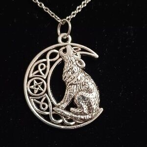 Howling Wolf  Crescent Moon Pentacle Necklace